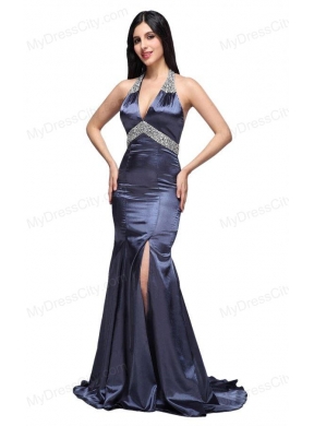 Column Halter Top Beading Navy Blue Taffeta High Slit Prom Dress