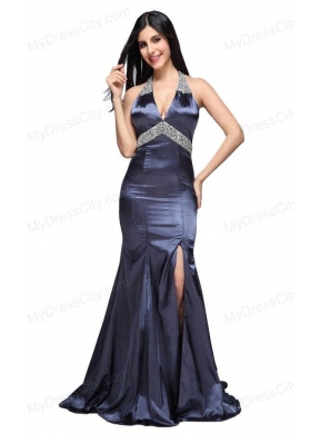 Column Halter Top Beading Navy Blue Taffeta High Slit Prom Dress