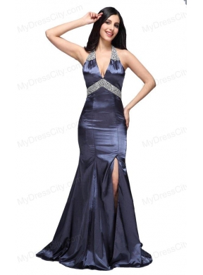 Column Halter Top Beading Navy Blue Taffeta High Slit Prom Dress