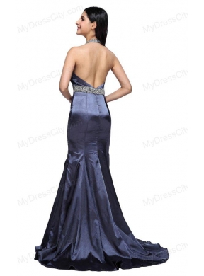 Column Halter Top Beading Navy Blue Taffeta High Slit Prom Dress