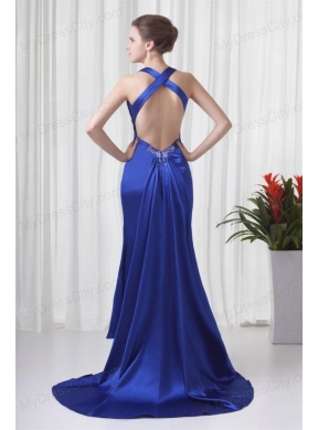 Column Halter Watteau Train Royal Blue Beading Prom Dress with Criss Cross