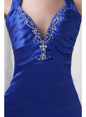 Column Halter Watteau Train Royal Blue Beading Prom Dress with Criss Cross