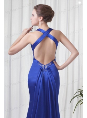 Column Halter Watteau Train Royal Blue Beading Prom Dress with Criss Cross