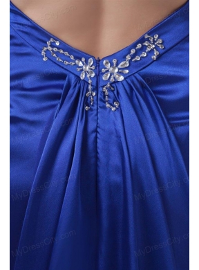 Column Halter Watteau Train Royal Blue Beading Prom Dress with Criss Cross