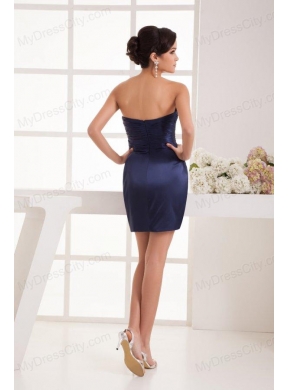 Column Navy Blue Strapless Appliques Ruching Mini-length Prom Dress