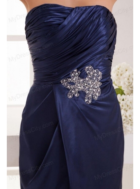 Column Navy Blue Strapless Appliques Ruching Mini-length Prom Dress