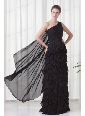 Column One Shoulder Black Watteau Train Chiffon Ruffles Prom Dress