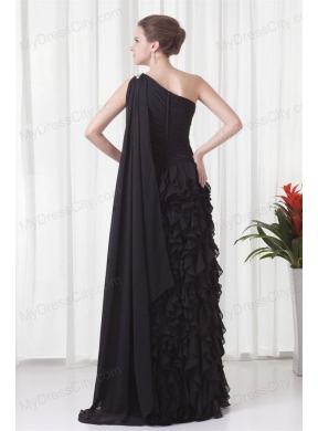 Column One Shoulder Black Watteau Train Chiffon Ruffles Prom Dress