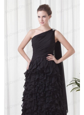 Column One Shoulder Black Watteau Train Chiffon Ruffles Prom Dress