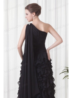 Column One Shoulder Black Watteau Train Chiffon Ruffles Prom Dress