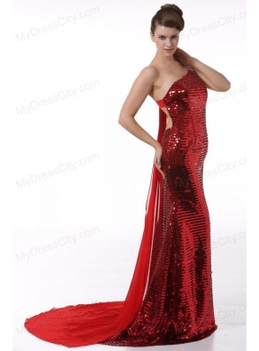 Column One Shoulder Wine Red Watteau Train Sequins Prom Dress