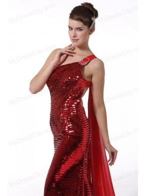 Column One Shoulder Wine Red Watteau Train Sequins Prom Dress