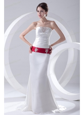 Column Ruchings Belt Beading White Brush Train Dress for Prom