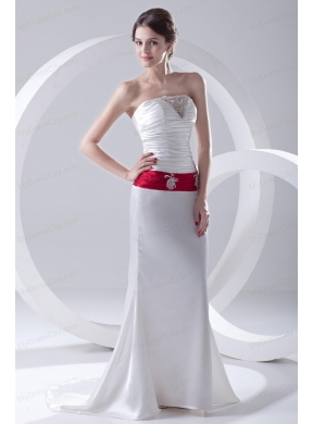 Column Ruchings Belt Beading White Brush Train Dress for Prom