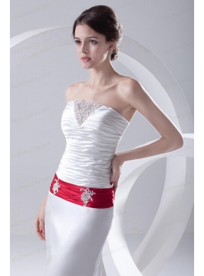 Column Ruchings Belt Beading White Brush Train Dress for Prom