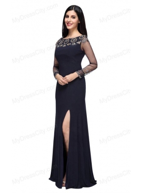 Column Scoop Navy Blue Long Sleeves High Slit Prom Dress