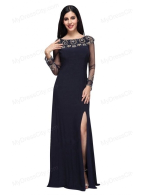 Column Scoop Navy Blue Long Sleeves High Slit Prom Dress