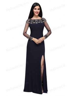 Column Scoop Navy Blue Long Sleeves High Slit Prom Dress