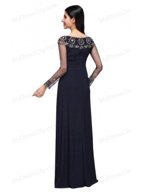 Column Scoop Navy Blue Long Sleeves High Slit Prom Dress