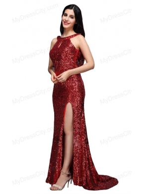 Column Scoop Wine Red Sequins High Slit Brush Train Prom Dress