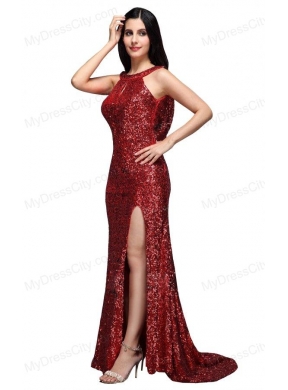 Column Scoop Wine Red Sequins High Slit Brush Train Prom Dress