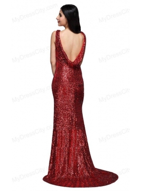 Column Scoop Wine Red Sequins High Slit Brush Train Prom Dress