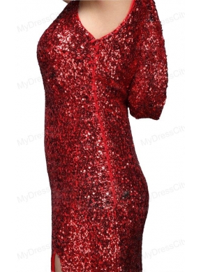 Column Scoop Wine Red Sequins High Slit Brush Train Prom Dress