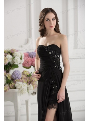 Column Seetheart Chiffon Beading Appliques High Slit Black Prom Dress