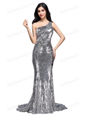 Column Sequins High Slit Silver One Shoulder Brush Train Prom Dress