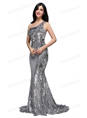 Column Sequins High Slit Silver One Shoulder Brush Train Prom Dress