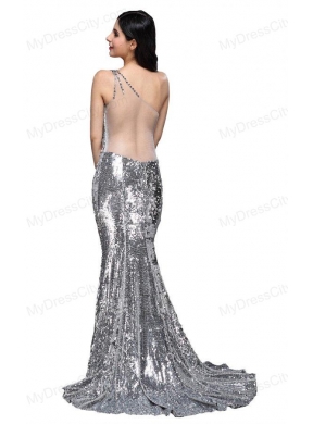 Column Sequins High Slit Silver One Shoulder Brush Train Prom Dress