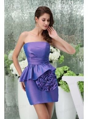 Column Strapless Purple Mini-length Hand Made Flowers Prom Dress