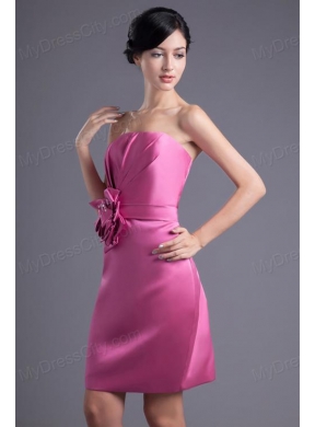 Column Strapless Rose Pink Ruching Taffeta Mini-length Prom Dress