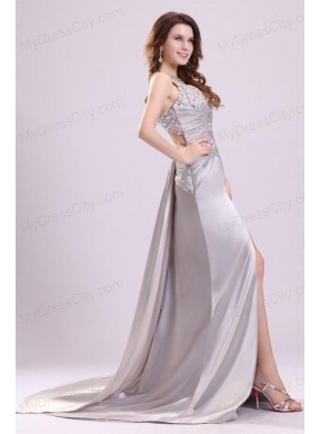 Column Straps Beading Ruching Satin High Slit Gray Prom Dress