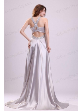 Column Straps Beading Ruching Satin High Slit Gray Prom Dress