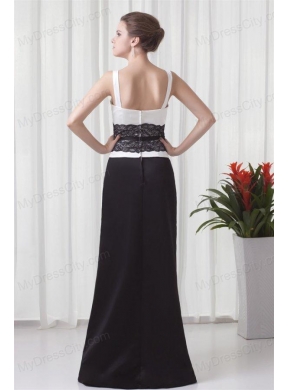 Column Straps Floor-length Lace Black and White Prom Dress