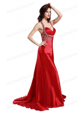 Column Straps Wine Red Beading and Ruching High Slit Prom Dress