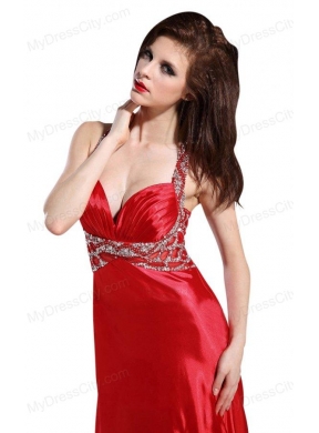 Column Straps Wine Red Beading and Ruching High Slit Prom Dress