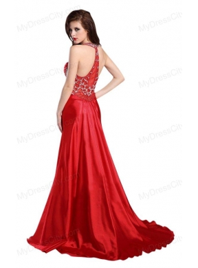 Column Straps Wine Red Beading and Ruching High Slit Prom Dress