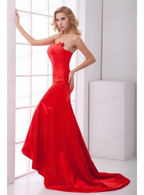 Column Sweetheart Red Brush Train Ruching Prom Dress