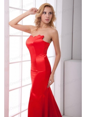 Column Sweetheart Red Brush Train Ruching Prom Dress