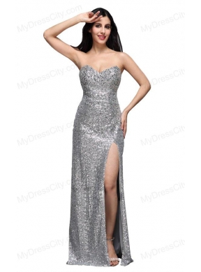 Column Sweetheart Silver Sequins High Slit Floor-length Long Prom Dress