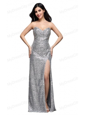 Column Sweetheart Silver Sequins High Slit Floor-length Long Prom Dress