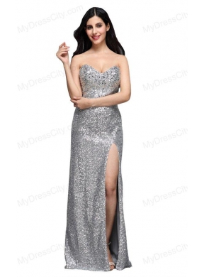 Column Sweetheart Silver Sequins High Slit Floor-length Long Prom Dress