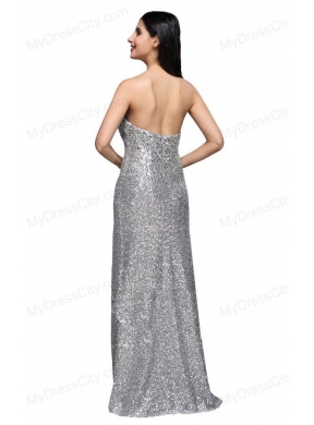 Column Sweetheart Silver Sequins High Slit Floor-length Long Prom Dress