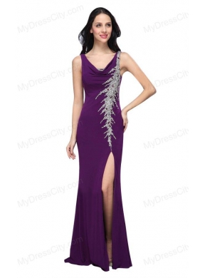 Column V-neck Purple Beading High Slit Chiffon Floor-length Prom Dress