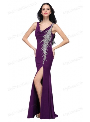 Column V-neck Purple Beading High Slit Chiffon Floor-length Prom Dress