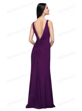 Column V-neck Purple Beading High Slit Chiffon Floor-length Prom Dress