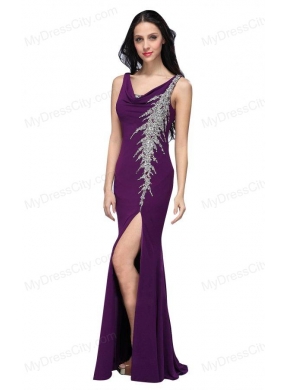 Column V-neck Purple Beading High Slit Chiffon Floor-length Prom Dress