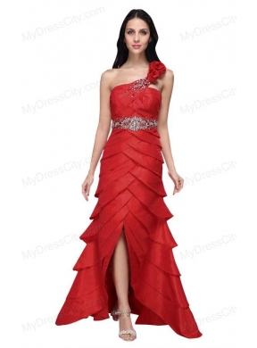 Column Wine Red Hand Made Flowers Strapless Beading Ruffled Layers Prom Dress